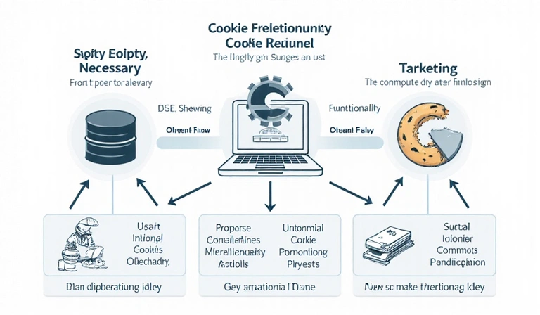 Diagram showing data flow and types of cookies used on a website
