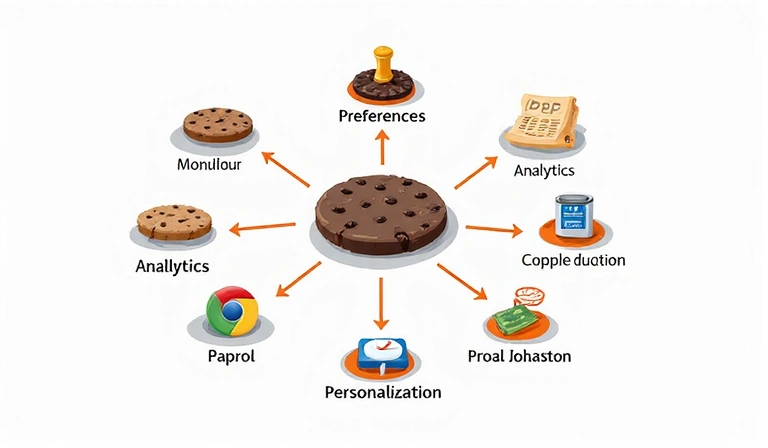 Illustration of various types of cookies and their functions on a website