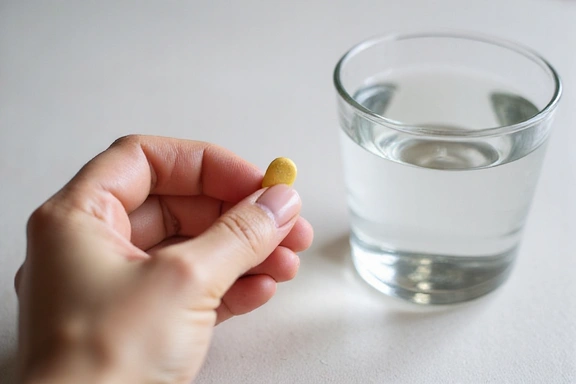 Hand holding a supplement pill with water glass